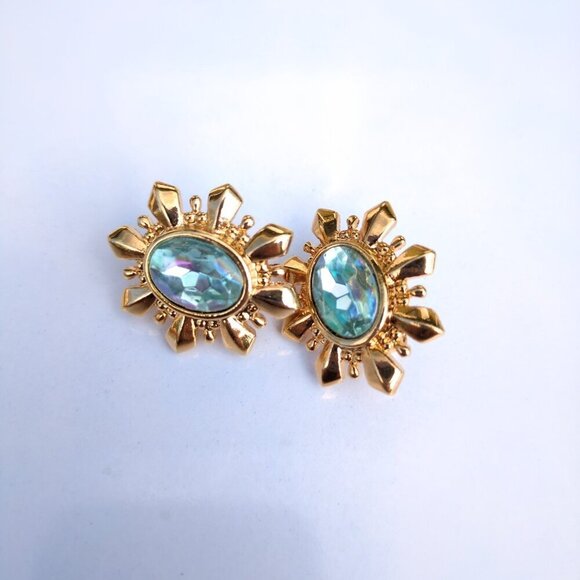 Avon Vintage 80's Blue Starburst Simulated Aquamarine Clip On Earrings Gold Tone - Picture 3 of 8